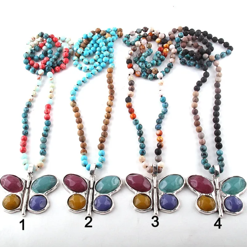 108 Beads Mala Multi Stone Knotted Butterfly Charm Pendant Necklace For Women Meditation Yoga Necklace