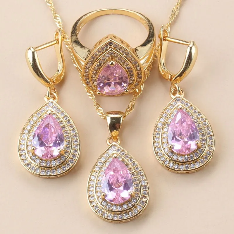 12-Color Bridal Water Drop Accessories Garnet Earrings And Necklace Wedding Ring Dubai Gold Color Jewelry Sets For Women