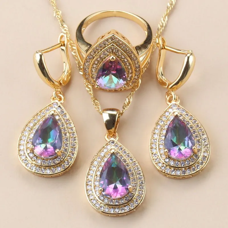 12-Color Bridal Water Drop Accessories Garnet Earrings And Necklace Wedding Ring Dubai Gold Color Jewelry Sets For Women