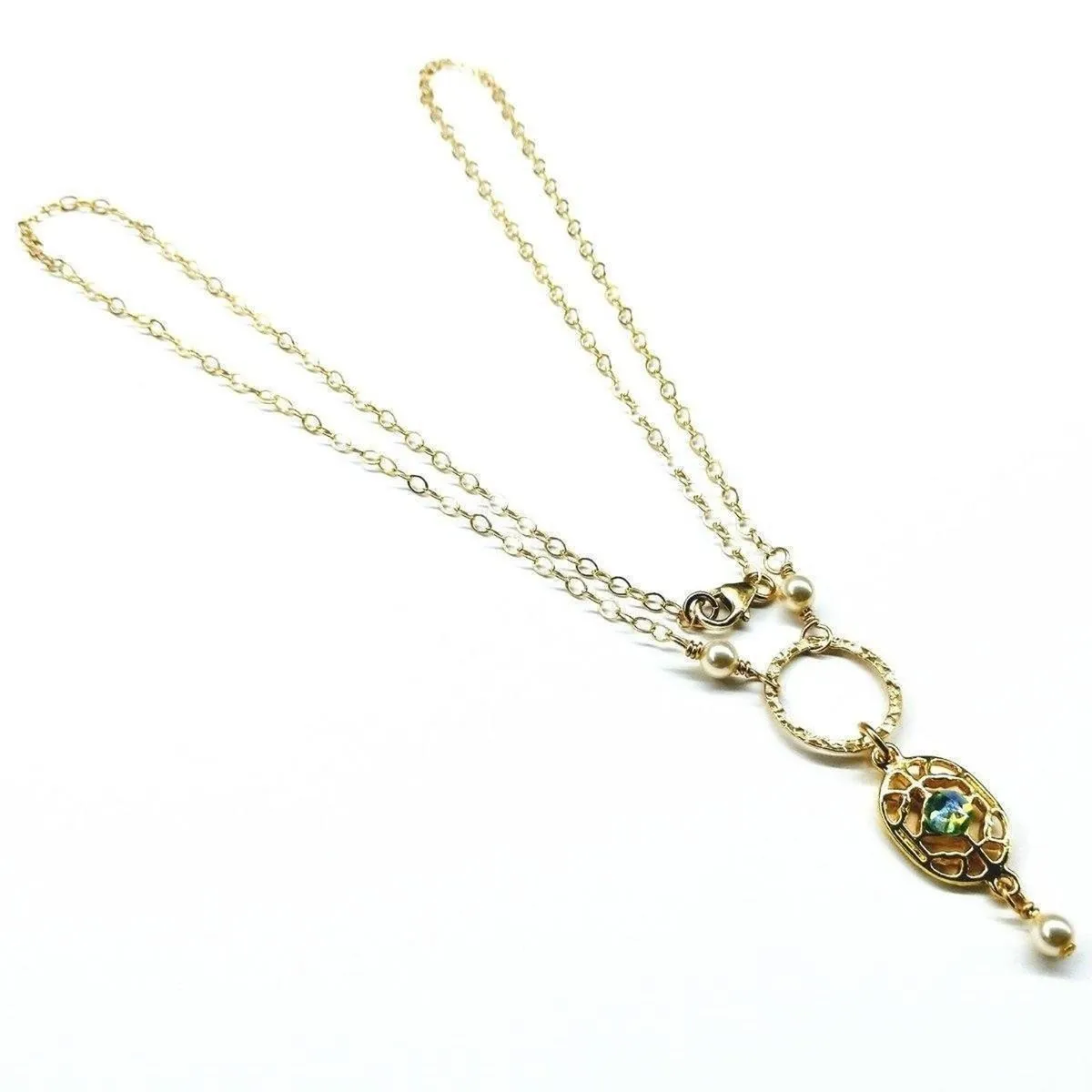 14 CT Gold-Filled Hammered Green Crystal Open Circle Filigree Necklace