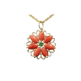 14k Gold Red Coral & Tsavorite Flower Blossom Pendant