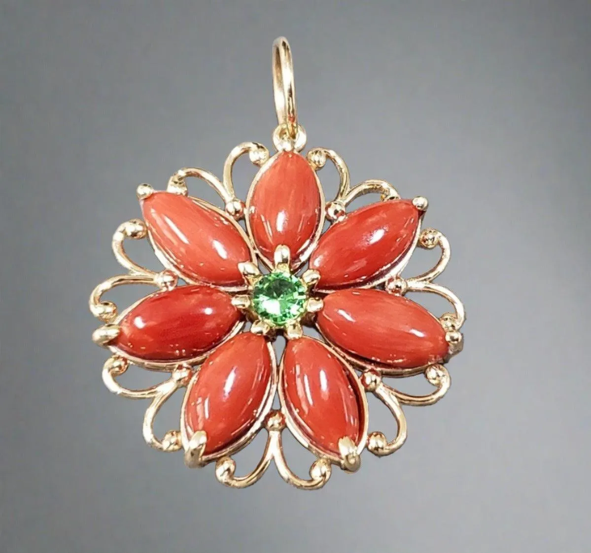 14k Gold Red Coral & Tsavorite Flower Blossom Pendant