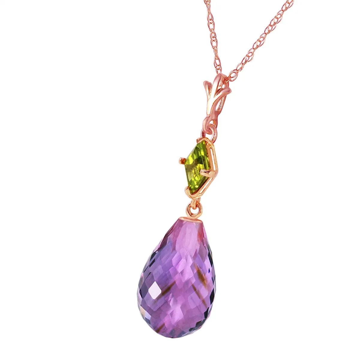 14K Solid Rose Gold Necklace w/ Peridot & Purple Amethyst