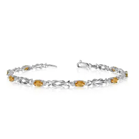 14K White Gold Oval Citrine Stones And Diamonds Tennis Bracelet, 7"