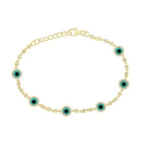 14K Yellow Gold Diamond and Turquoise Evil Eye Bracelet