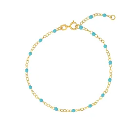 14K Yellow Gold Light Turquoise Enamel Bead Piatto Chain Bracelet