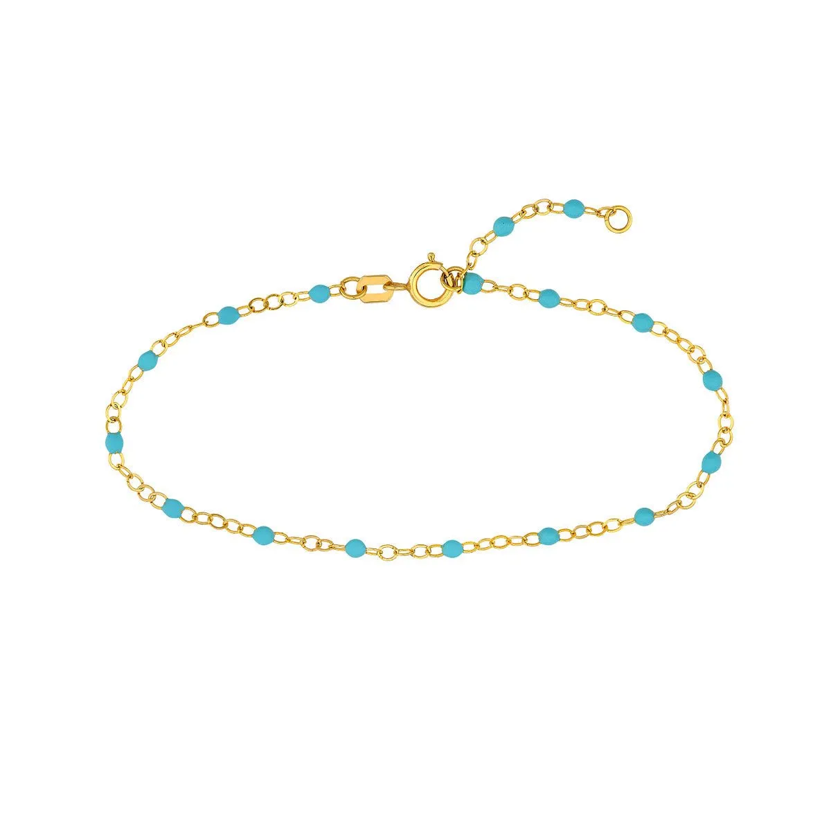 14K Yellow Gold Light Turquoise Enamel Bead Piatto Chain Bracelet