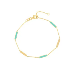 14K Yellow Gold Lt Turquoise Enamel Alternating Bar Stations Adjustable Bracelet