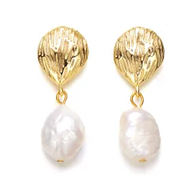 14k Yellow Gold Plated with Baroque Oval Genuine Freshwater White Pearl Coral Reef Dangle Earrings in Sterling Silver