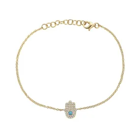 14K Yellow Gold Turqoise And Diamond Hamsa Bracelet