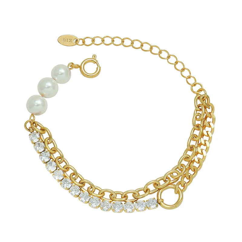 18K Gold Plated Titanium Steel Bracelet with Imitation Pearl and Zircon Elements