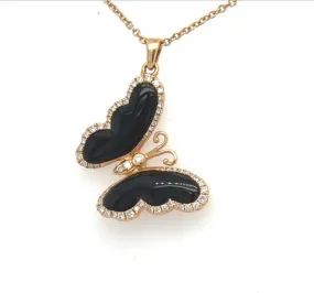 18K Rose Gold Onyx & Diamond Butterfly Pendant