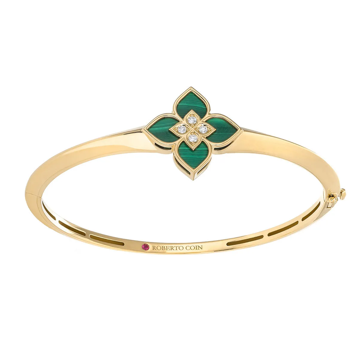 18K Yellow Gold Flower Bangle with Malachite and Diamonds