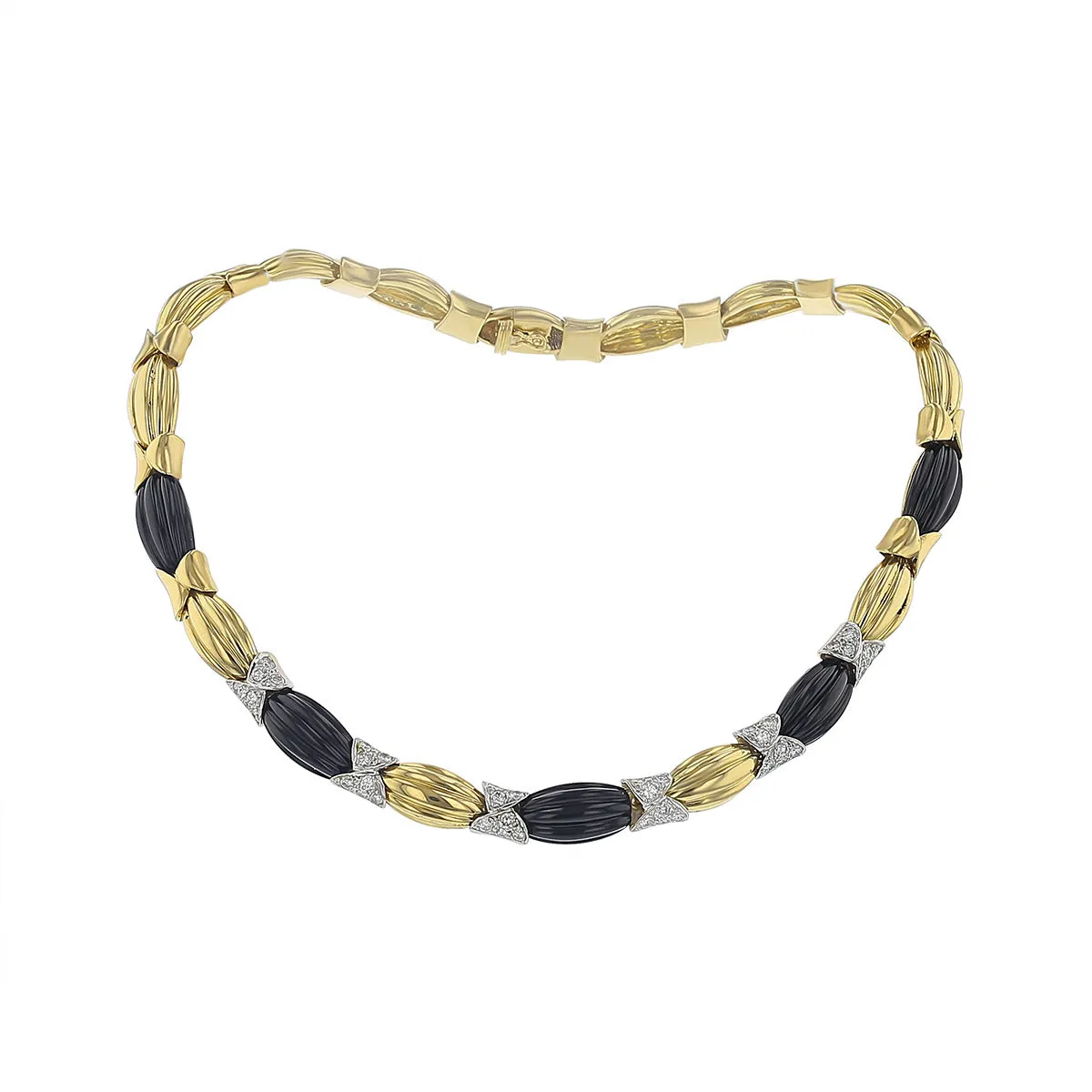 18K Yellow Gold Onyx and Diamond Butterfly Link Necklace