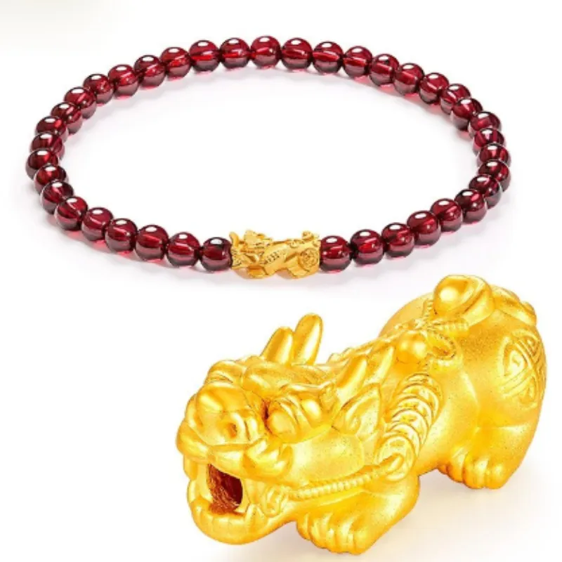 3D Gold Pixiu Natural Gemstone Piyao Bead Bracelet 6mm