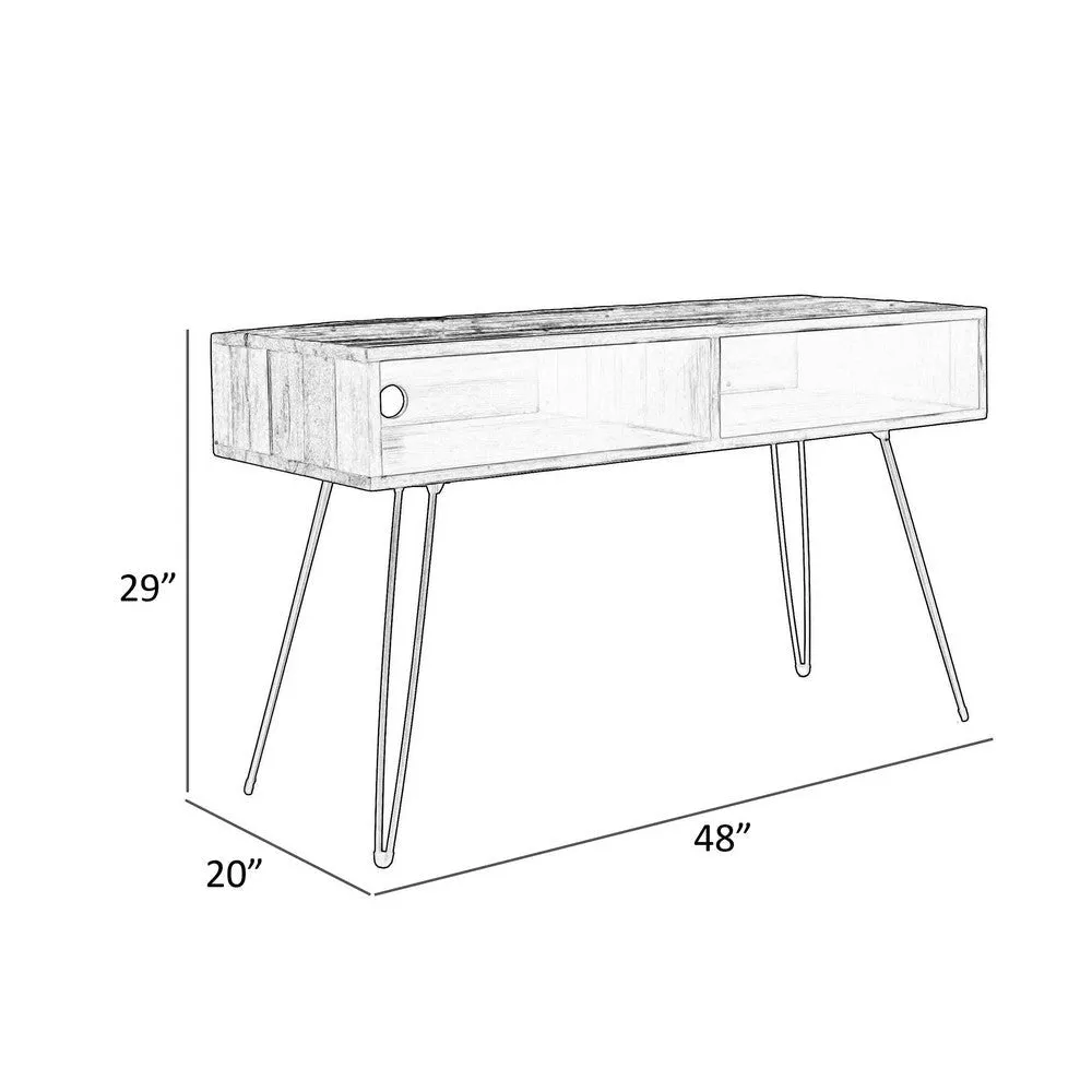 48 Inch Writing Desk, Industrial Style, 2 Brown Wood Shelves, Metal Legs By Casagear Home