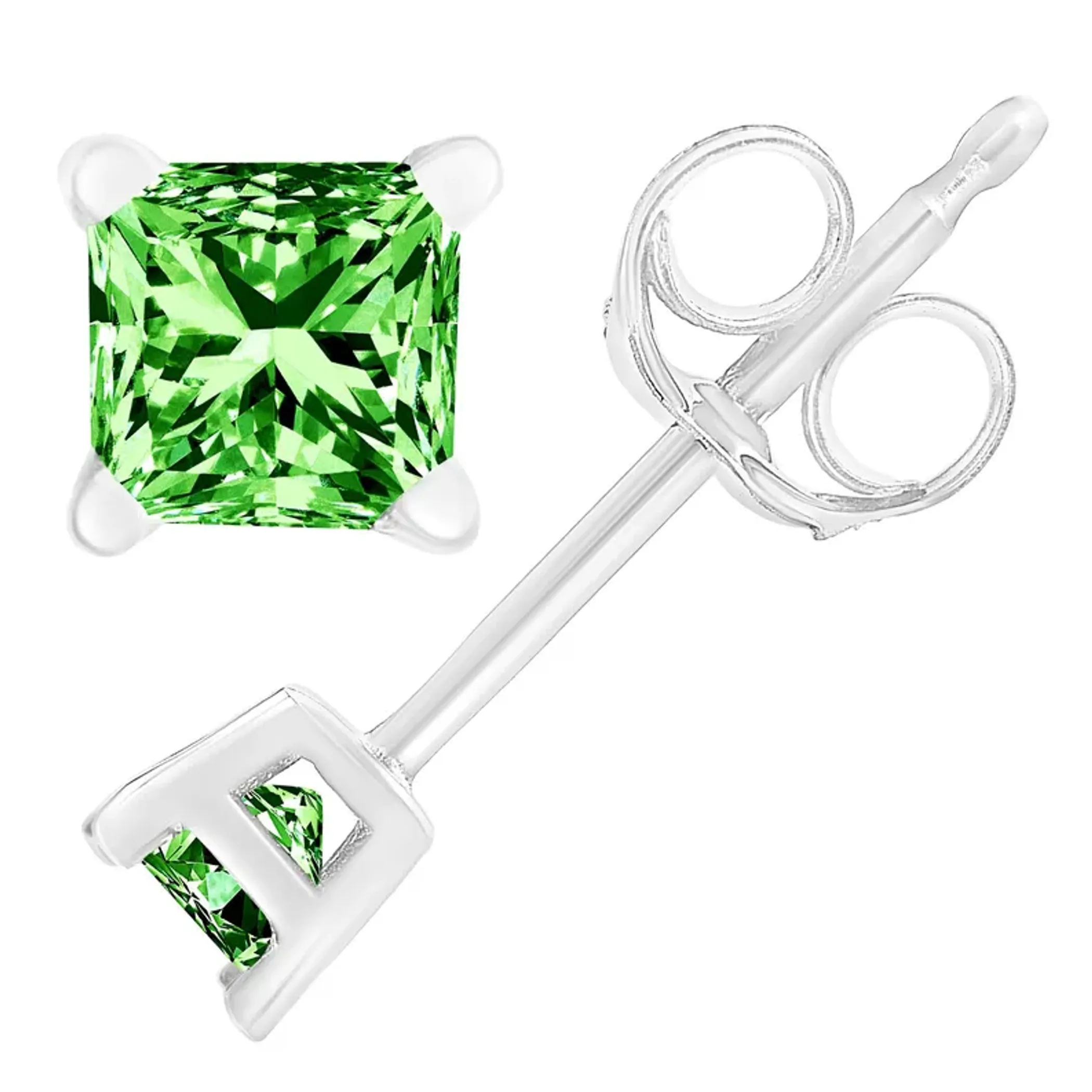 .925 Sterling Silver 3/8 Cttw Princess-Cut Square Green Diamond Stud Earrings (Fancy Color-Enhanced, I2-I3 Clarity)