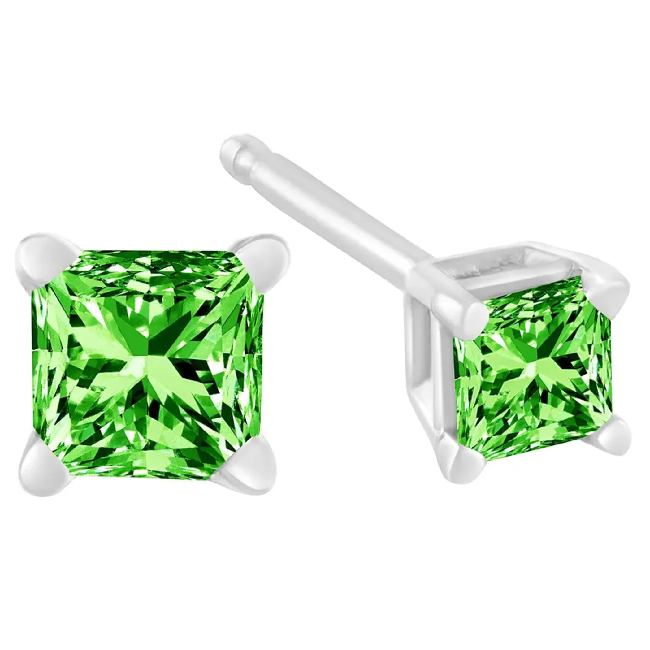 .925 Sterling Silver 3/8 Cttw Princess-Cut Square Green Diamond Stud Earrings (Fancy Color-Enhanced, I2-I3 Clarity)