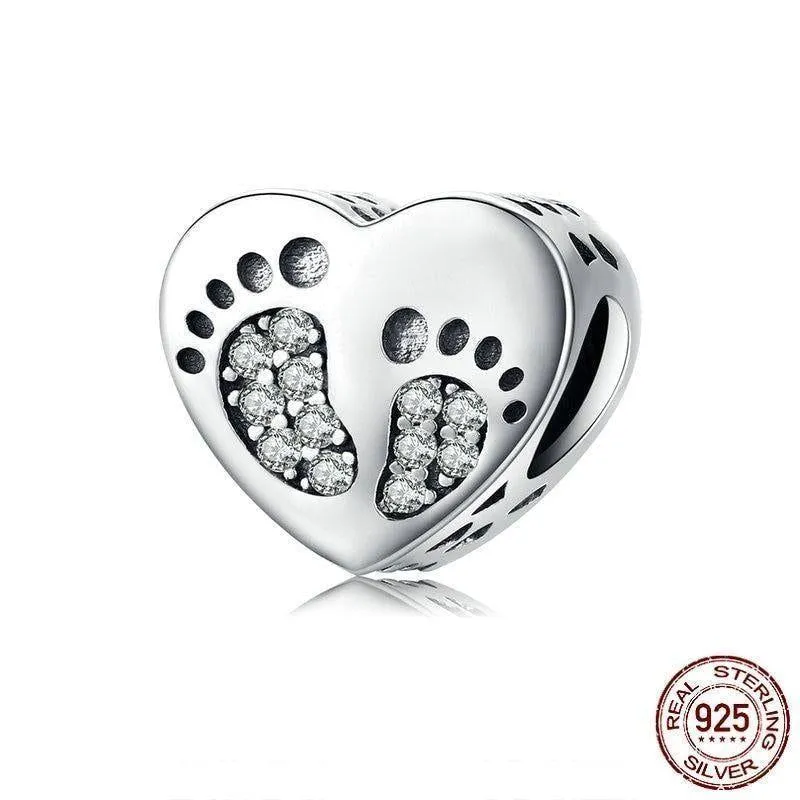 925 Sterling Silver Pendent Charm Jewelry Footprints Heart #SCC1395