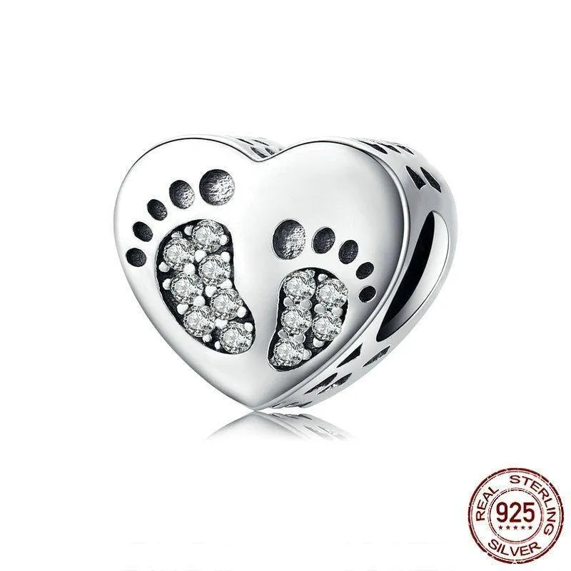 925 Sterling Silver Pendent Charm Jewelry Footprints Heart #SCC1395