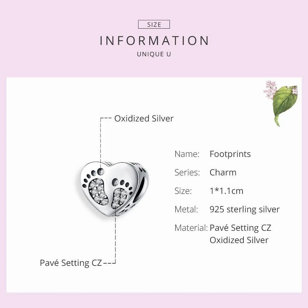 925 Sterling Silver Pendent Charm Jewelry Footprints Heart #SCC1395