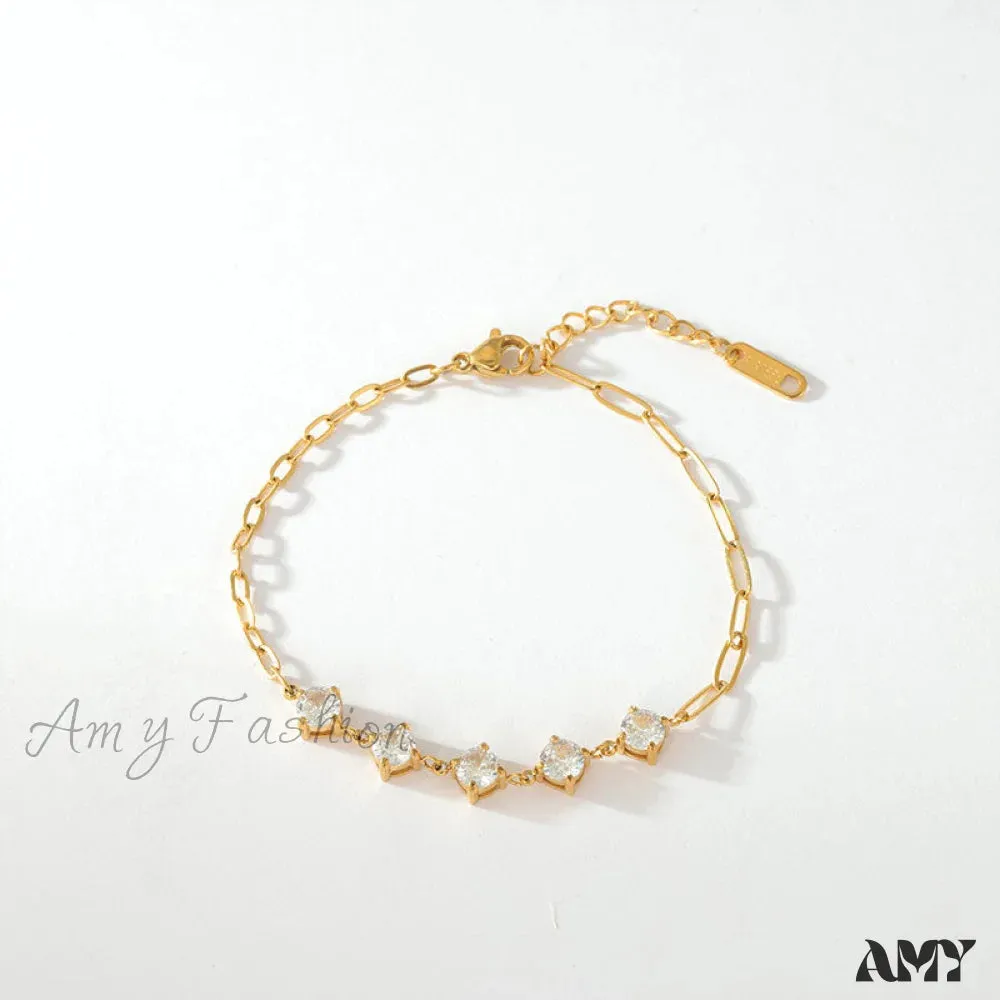 Amy Fashion - Titanium Steel White Zircon Paperclip Chain Bracelet