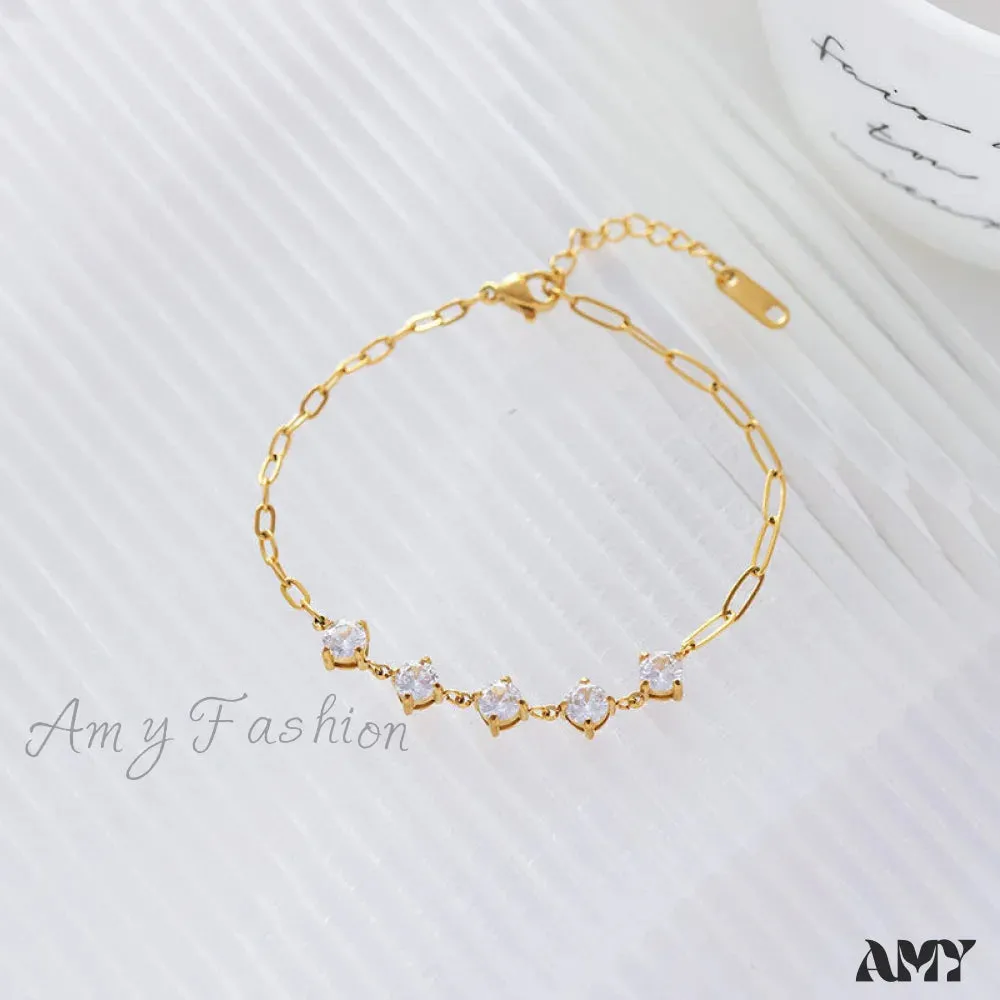 Amy Fashion - Titanium Steel White Zircon Paperclip Chain Bracelet