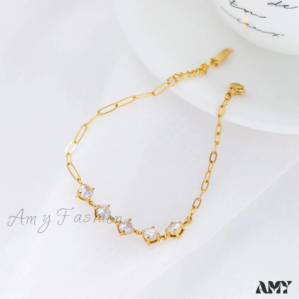 Amy Fashion - Titanium Steel White Zircon Paperclip Chain Bracelet