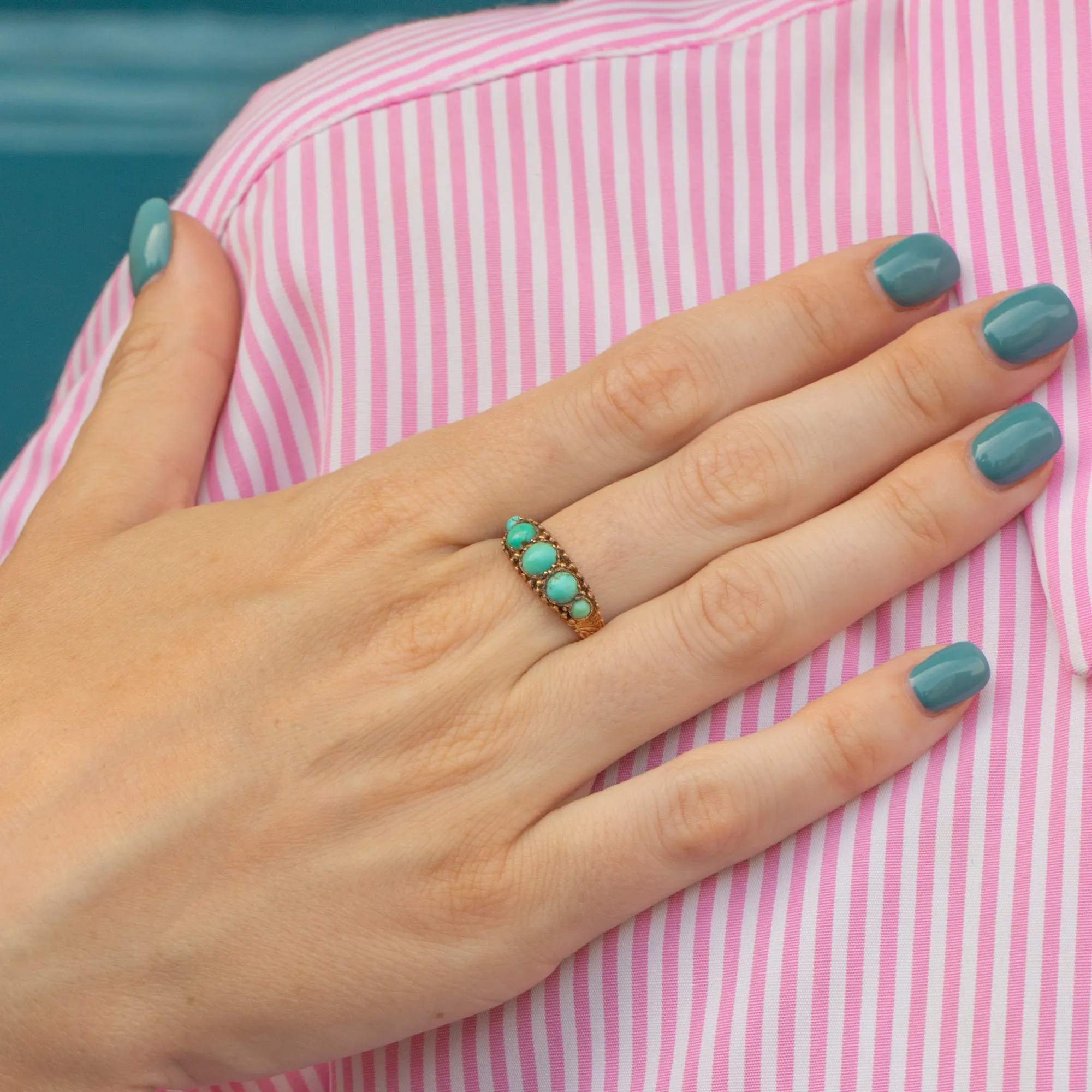 Antique 15ct Gold Turquoise Five Stone Ring, c.1882