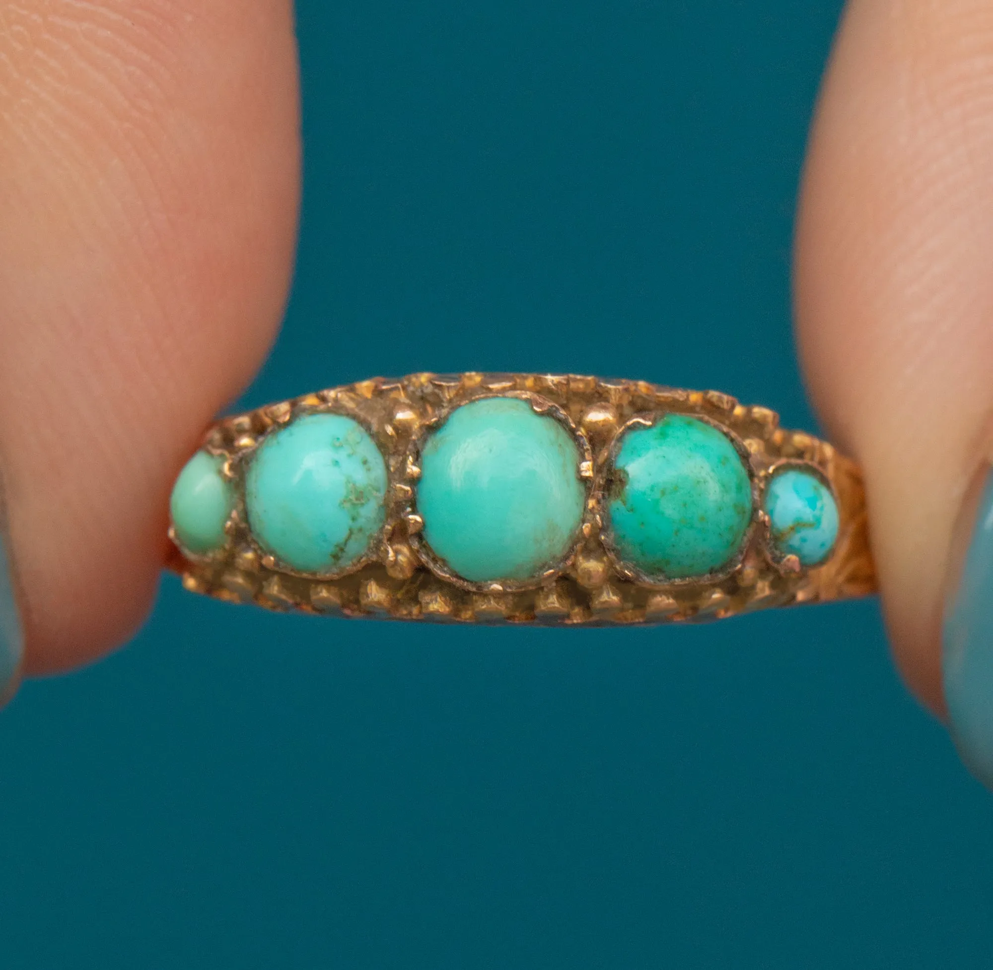 Antique 15ct Gold Turquoise Five Stone Ring, c.1882