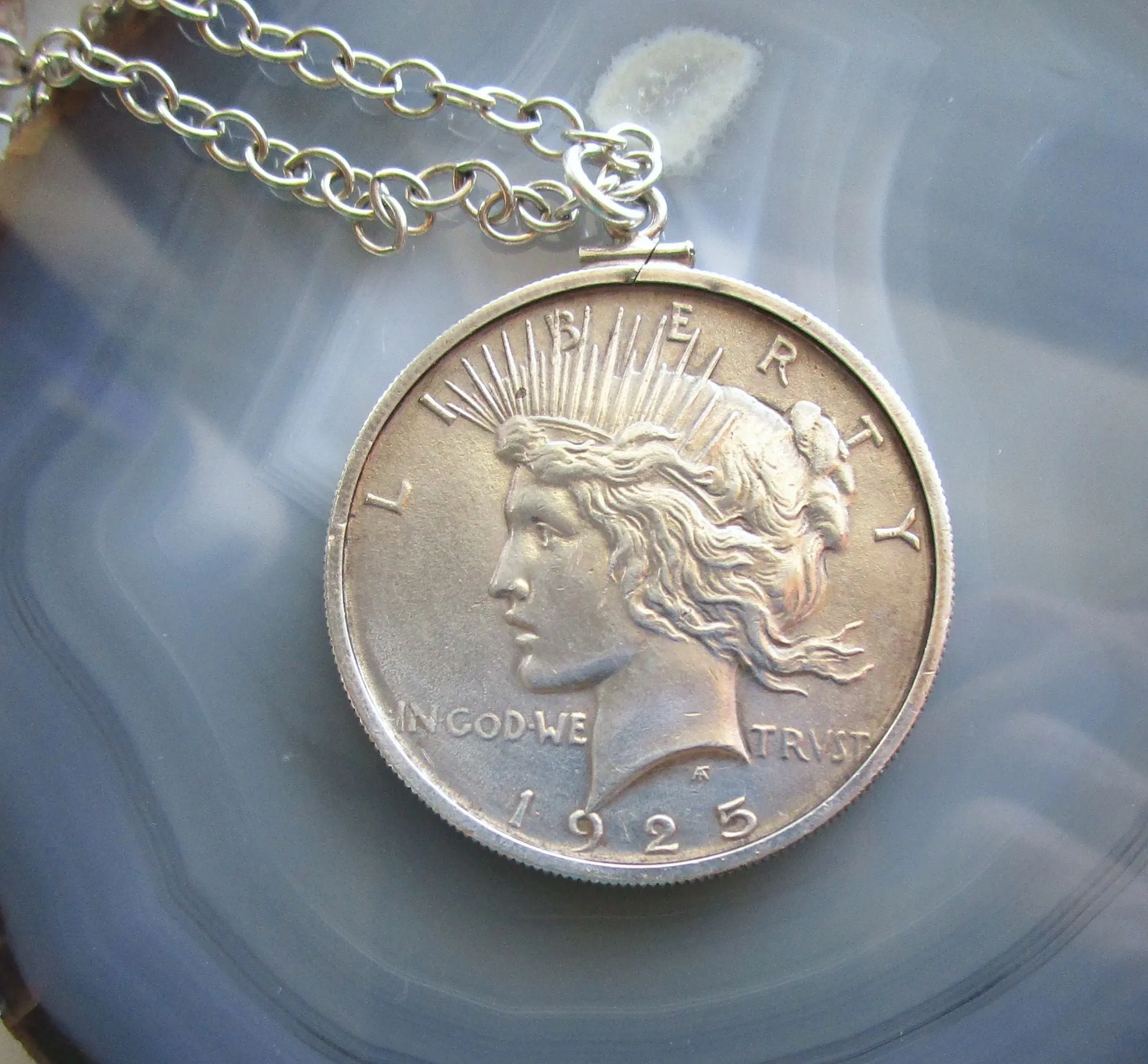 Antique 1925 Peace Dollar Sterling Silver Pendant Necklace