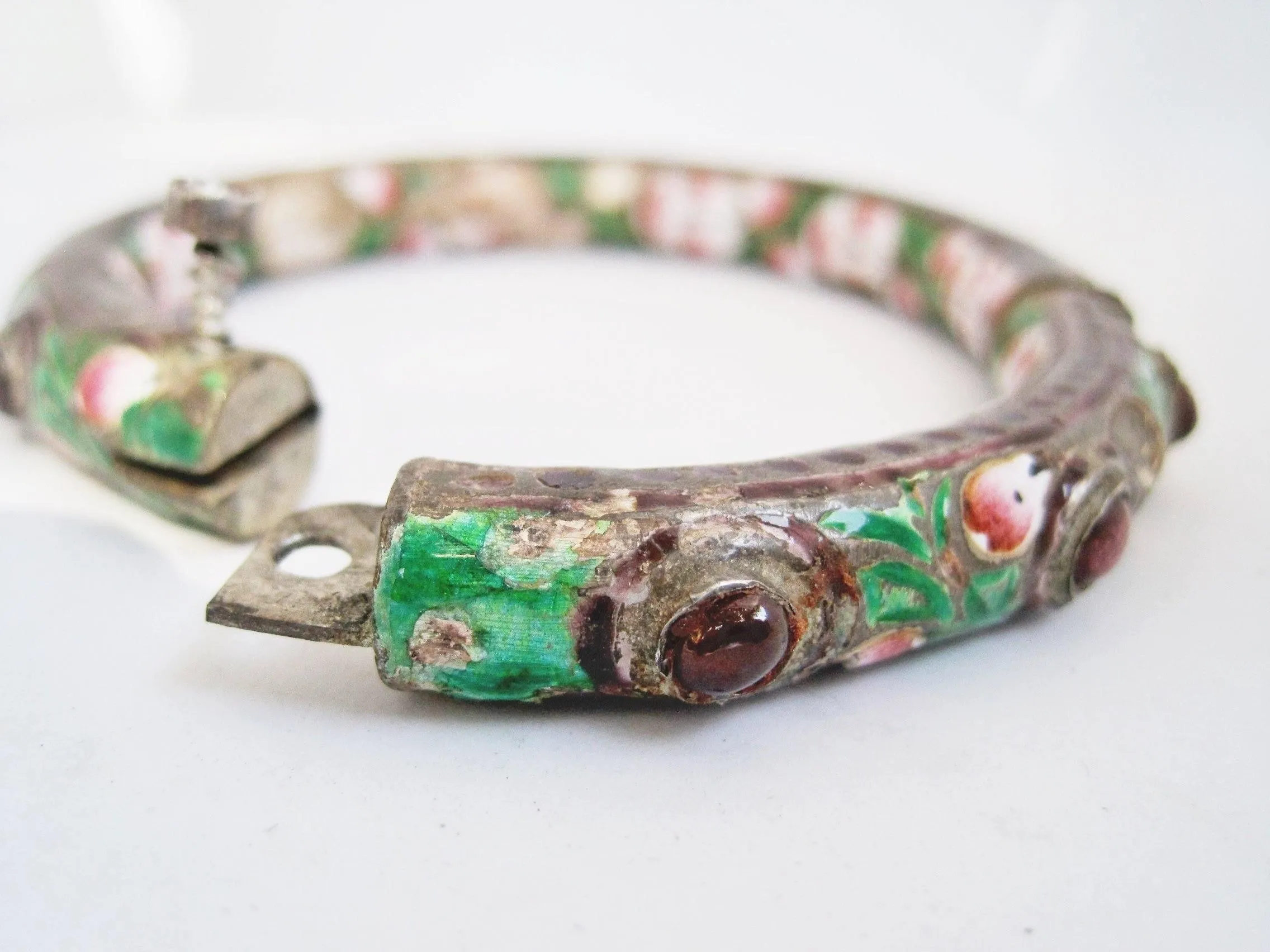 Antique Indian Enamel and Silver Bracelet or Kada