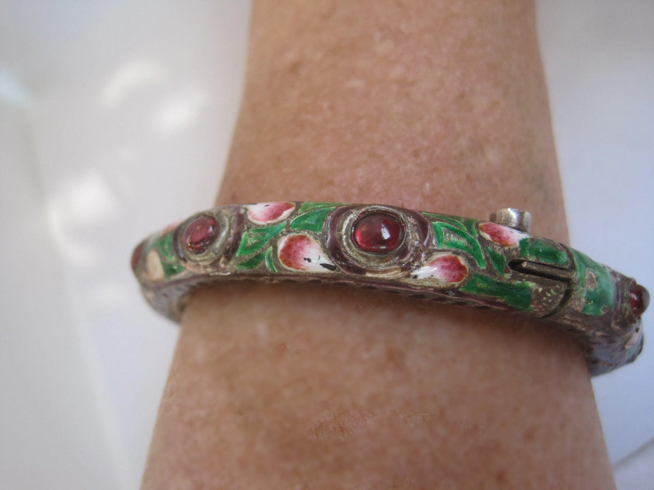 Antique Indian Enamel and Silver Bracelet or Kada