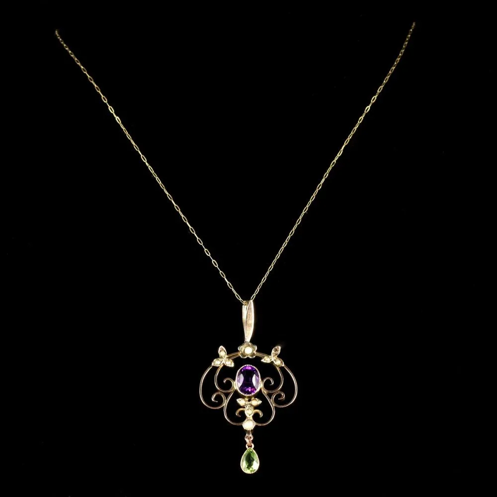 Antique Victorian Suffragette Floral Pendant Necklace 9Ct Circa 1900