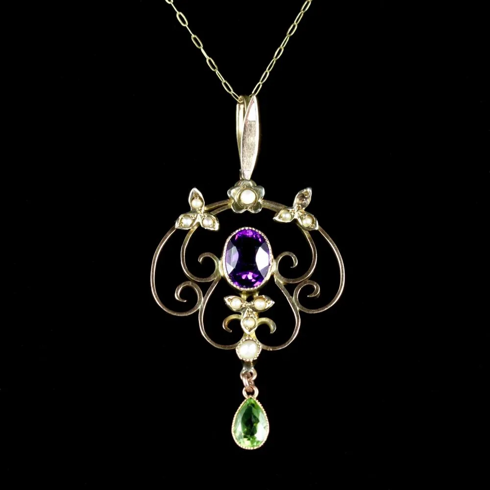 Antique Victorian Suffragette Floral Pendant Necklace 9Ct Circa 1900