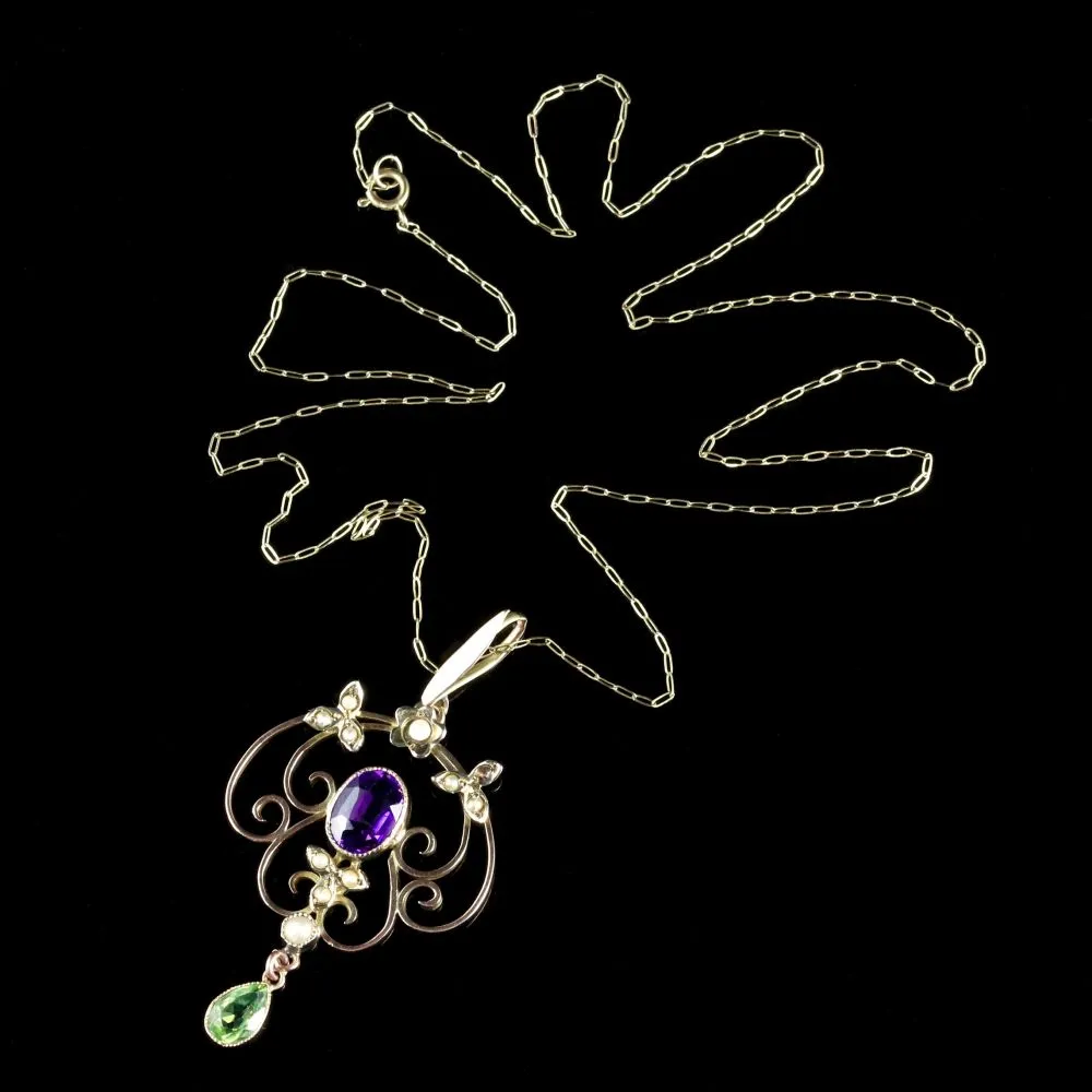 Antique Victorian Suffragette Floral Pendant Necklace 9Ct Circa 1900