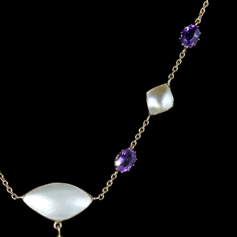 Antique Victorian Suffragette Necklace 15Ct Gold Circa 1900 Amethyst Pearl Peridot