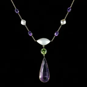 Antique Victorian Suffragette Necklace 15Ct Gold Circa 1900 Amethyst Pearl Peridot