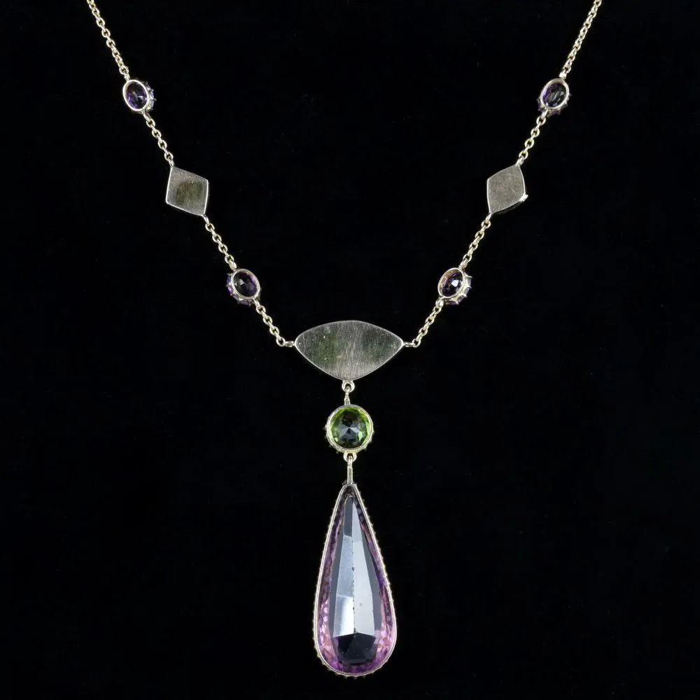 Antique Victorian Suffragette Necklace 15Ct Gold Circa 1900 Amethyst Pearl Peridot