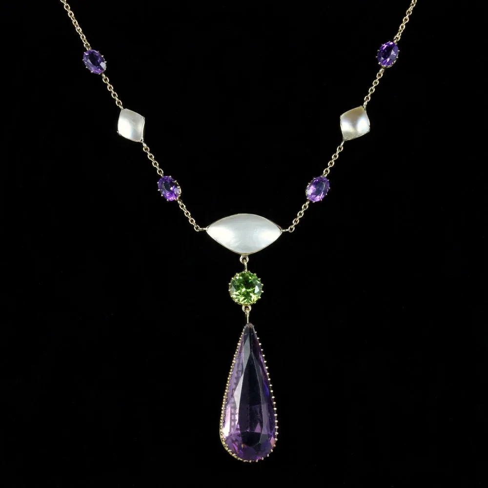 Antique Victorian Suffragette Necklace 15Ct Gold Circa 1900 Amethyst Pearl Peridot