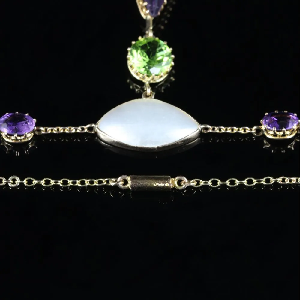 Antique Victorian Suffragette Necklace 15Ct Gold Circa 1900 Amethyst Pearl Peridot