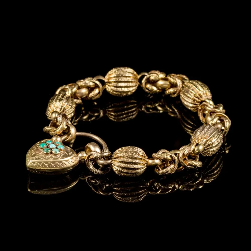 Antique Victorian Turquoise Heart Padlock Bracelet Pinchbeck Circa 1900