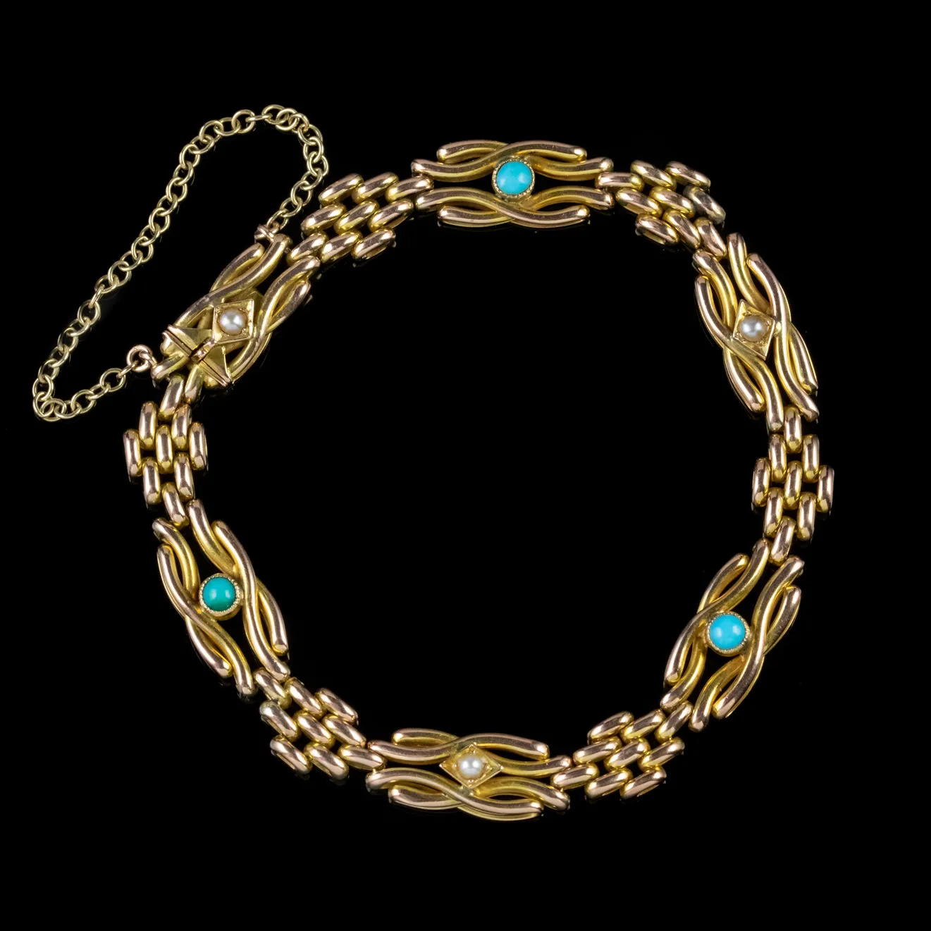 Antique Victorian Turquoise Pearl Bracelet 9Ct Gold Circa 1880