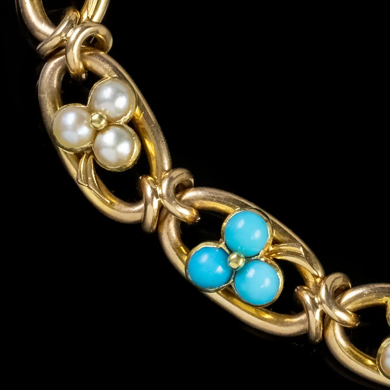 Antique Victorian Turquoise Pearl Shamrock Curb Bracelet 15Ct Gold Circa 1880