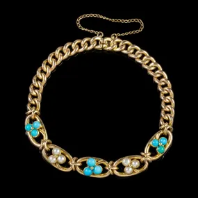 Antique Victorian Turquoise Pearl Shamrock Curb Bracelet 15Ct Gold Circa 1880