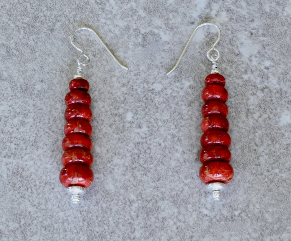 Apple Coral Graduated Rondelle Bead Earrings with Sterling Silver Discs and Earring Wires