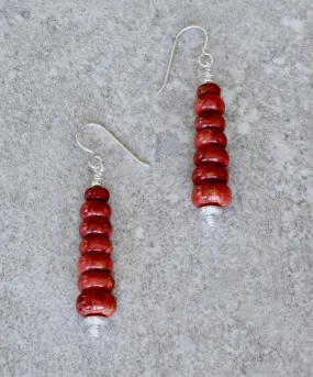 Apple Coral Graduated Rondelle Bead Earrings with Sterling Silver Discs and Earring Wires