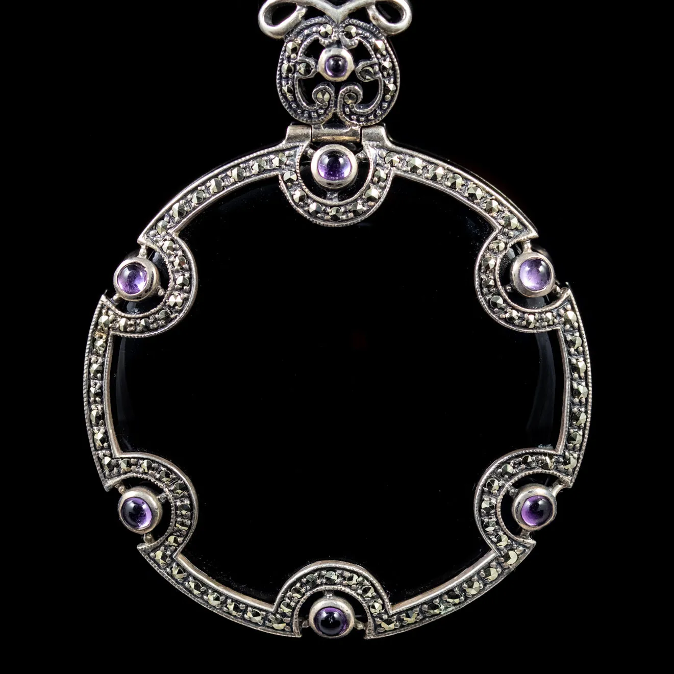 Art Deco Onyx Amethyst Pendant Necklace Sterling Silver Circa 1920