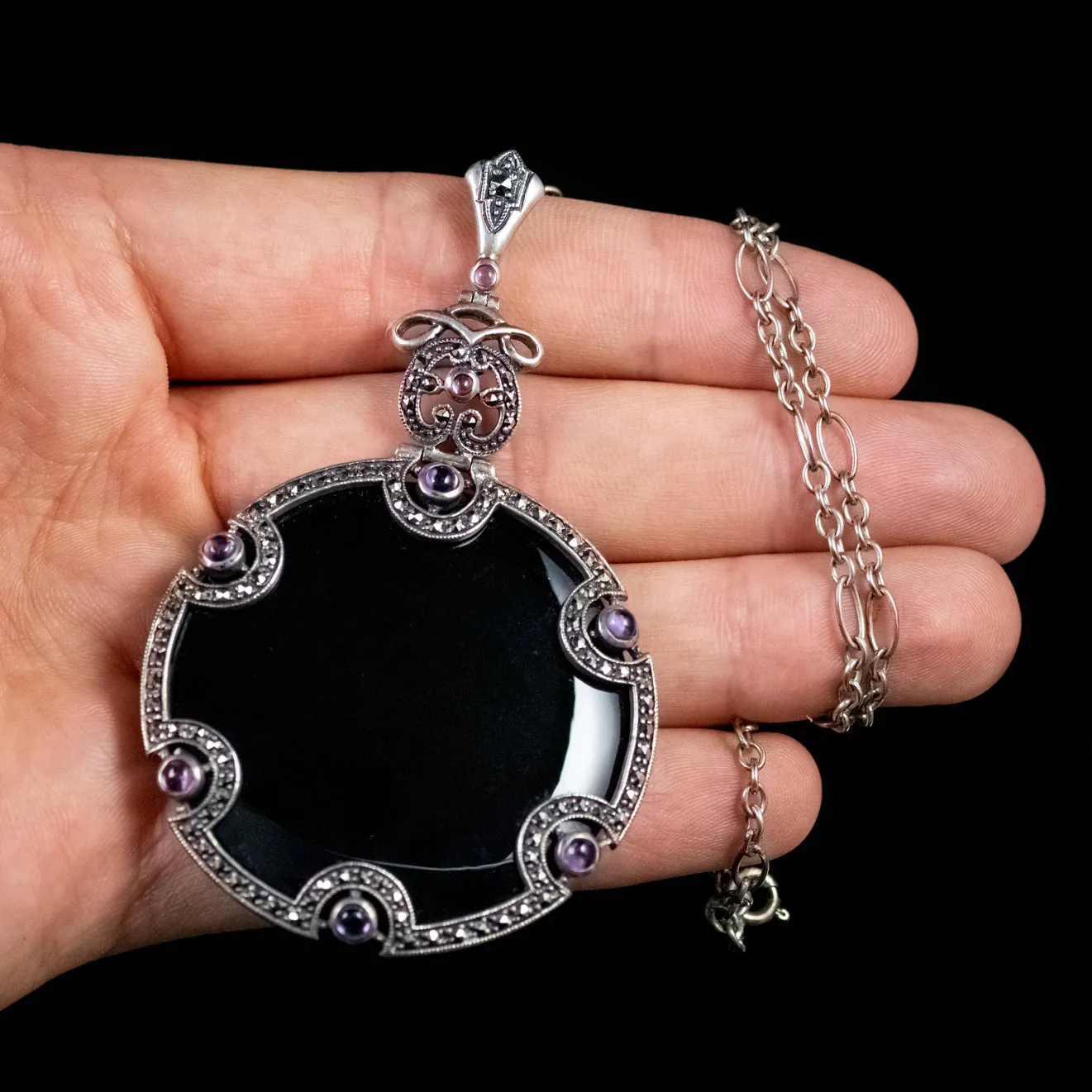 Art Deco Onyx Amethyst Pendant Necklace Sterling Silver Circa 1920