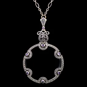 Art Deco Onyx Amethyst Pendant Necklace Sterling Silver Circa 1920